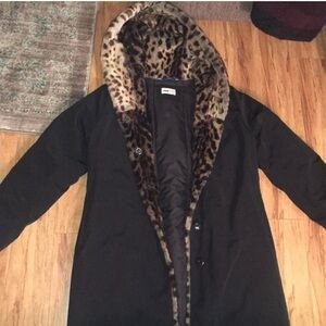 JANE POST leopard trim faux fir long winter coat